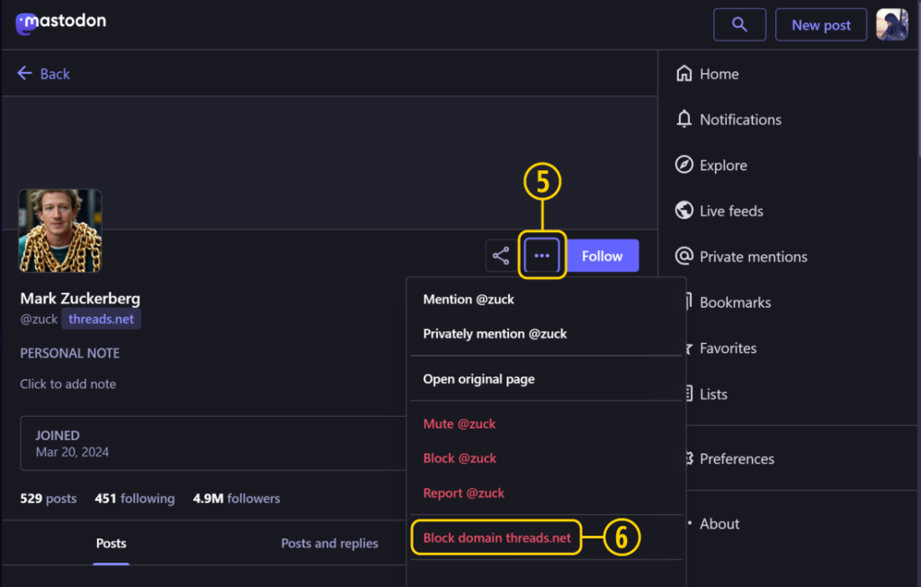 Screenshot with the locations of the controls in items 5 and 6 indicated